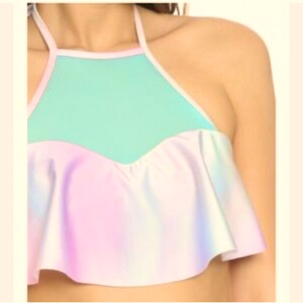 NWT Wildfox Pastel Rainbow Flounce Mesh High Neck Bikini Top Tie Dye Small Swim